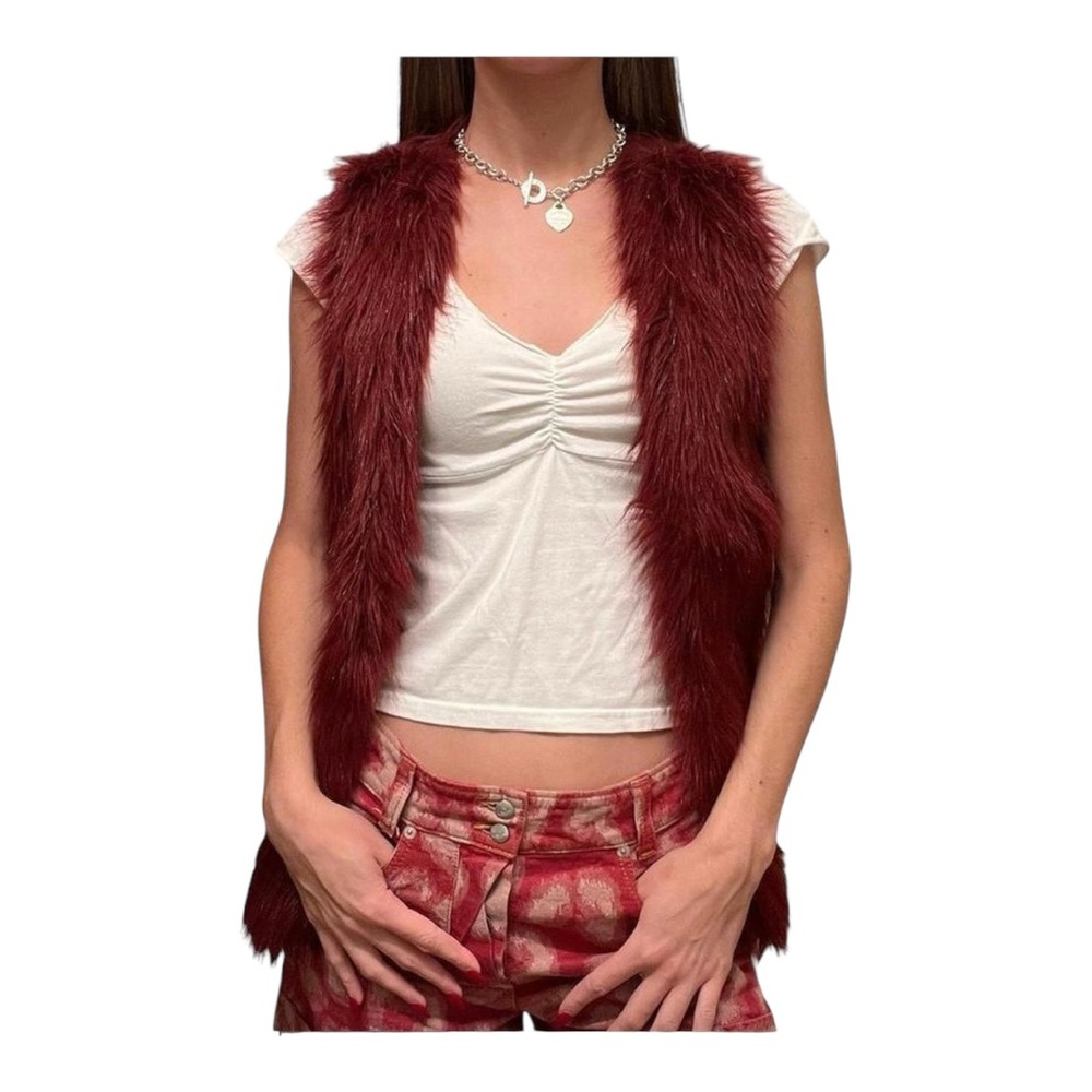 Hippie Rose Red Burgundy Fuzzy Faux Fur Vest Size Small